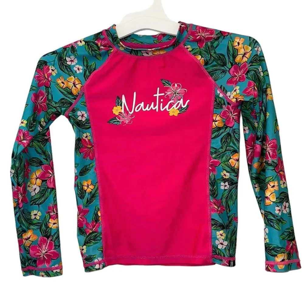 Nautica‎ Girls Rash Guard Swim Top 6X Pink Floral Long Sleeve UV Protection